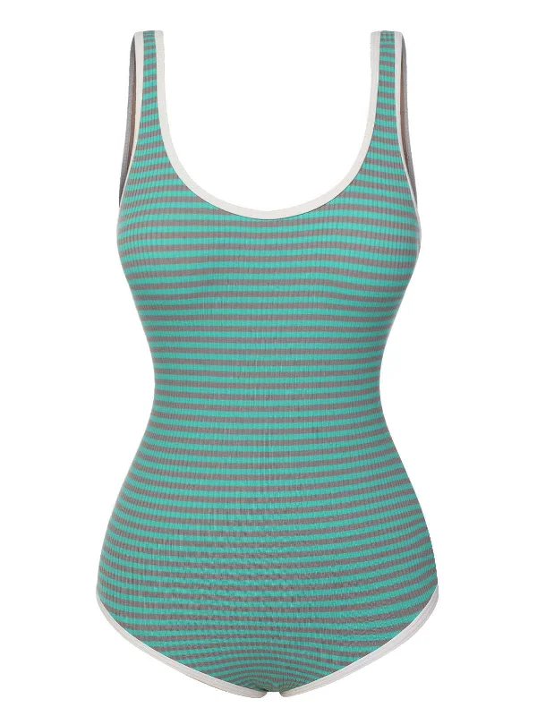 Green 1950s Stripes Backless One-Piece Swimsuit Elegant Women's Formal 