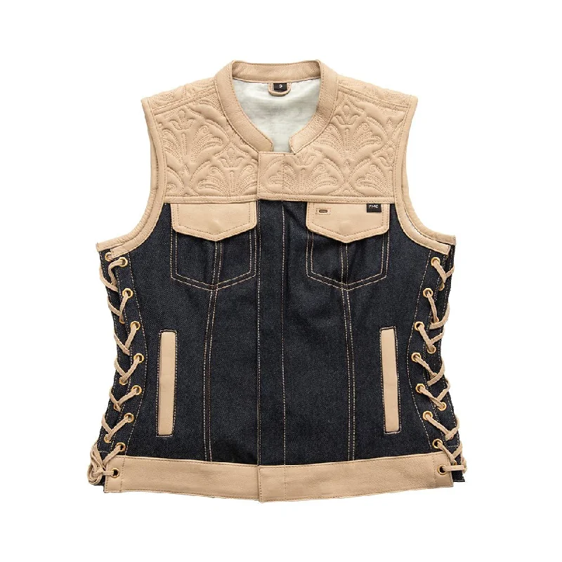 Cedar Women's Club Style Motorcycle Leather/Denim Vest - Limited Edition European