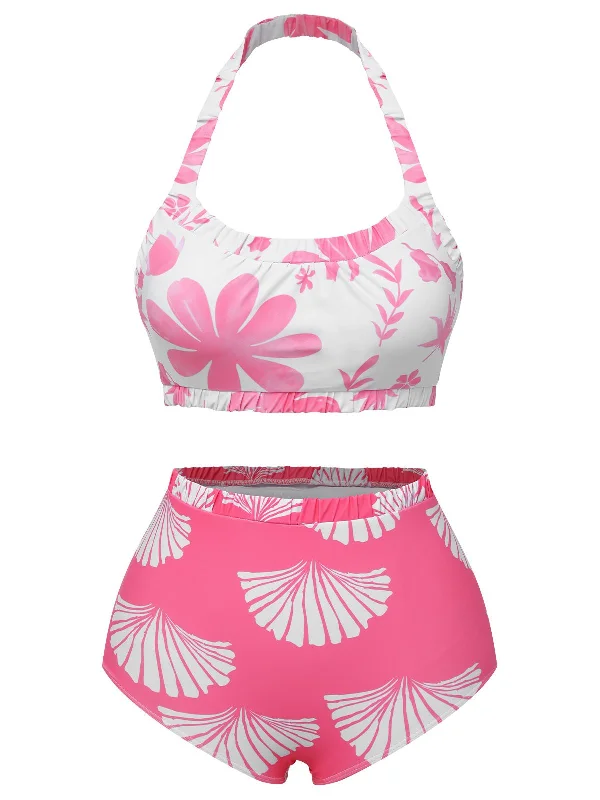 Pink 1930s Floral Elastic Gathers Halter Swimsuit Hip Women's Retro