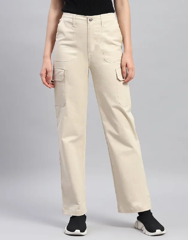 Women Beige Solid Straight Fit Trouser Refined Women's Classic 