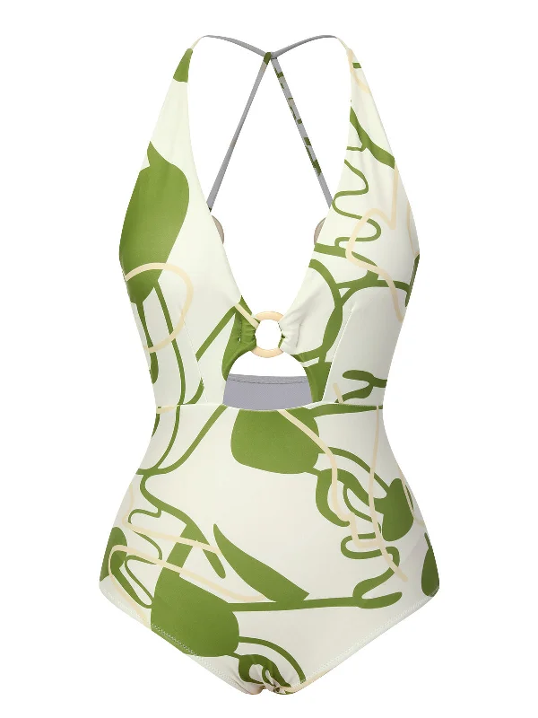 1950s Hollow Ring Backless Halter Swimsuit Trendy Women's Oversized
