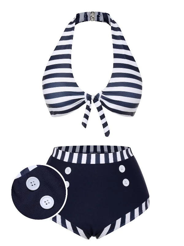 Dark Blue 1930s Stripes Halter Buttons Swimsuit performance