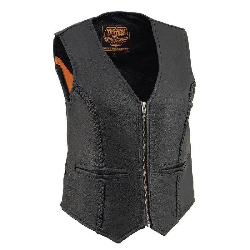 Milwaukee Leather MLL4550 Women's Black Premium Leather Classic Braided Deep V-Neck Motorcycle Rider Vest W/Front Zip Bold Women's Animal Print Milwaukee Leather MLL4550 Women's Black Premium Leather Classic Braided Deep V-Neck Motorcycle Rider Vest W/Front Zip Bold Women's Animal Print