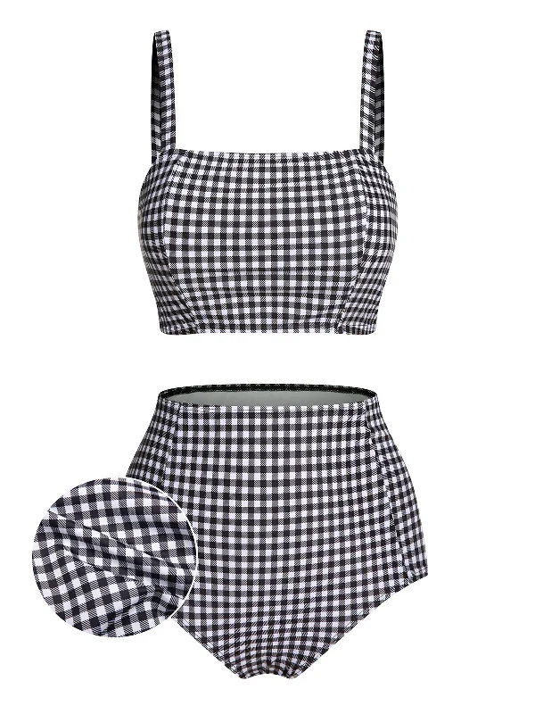 White&Black 1940s Plaid Suspenders Swimsuit Vintage Women's 1970S 