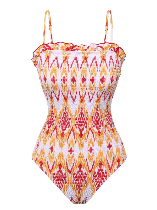 1960s Chevron Smocking Strap Bandeau Swimsuit British Gentlewoman Style