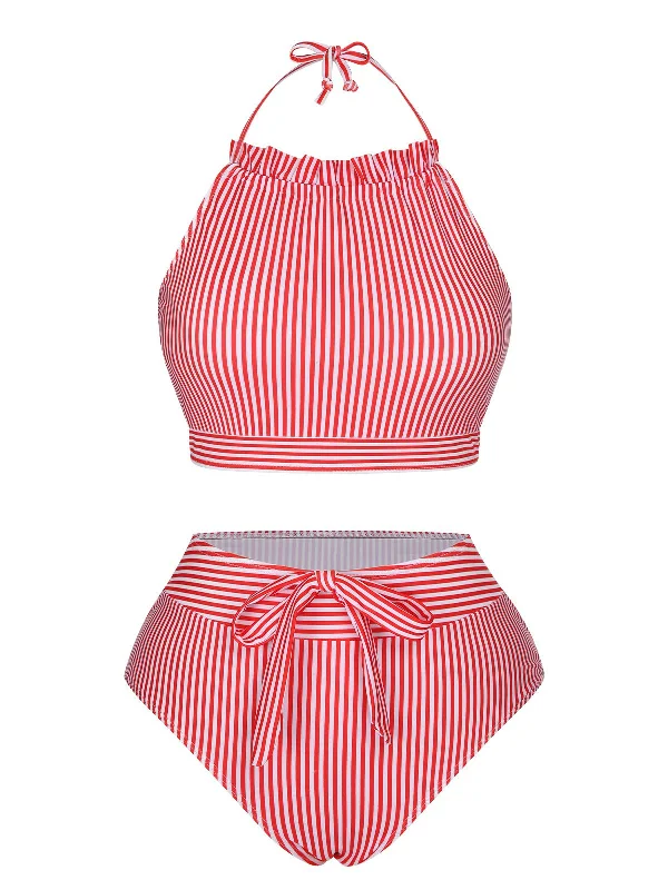 Red & White 1930s Striped Knot Halter Swimsuit Trendy Women's Oversized