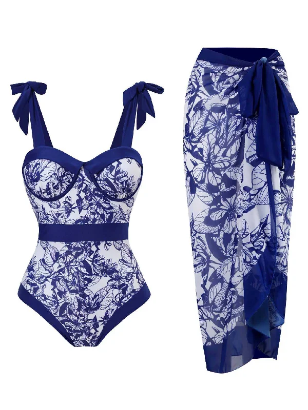 Blue 1960s Floral Halter One-Piece Swimsuit Casual Women's Loose - fitting