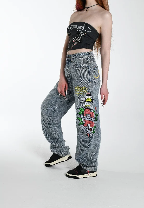 Womens Death Before Dishonour Relaxed Fit Denim Trousers Jeans - Bleach performance