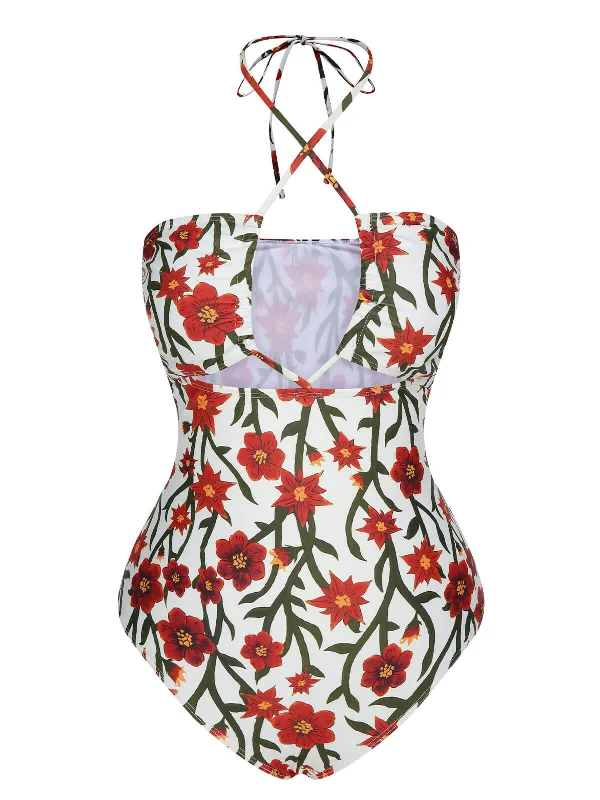 1960s Front Hollow Floral Halter Swimsuit Compression