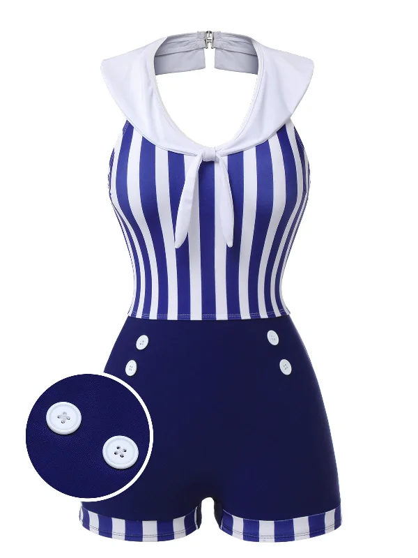 Navy Blue 1950s Striped Navy Collar Swimsuit Dapper Women's Bow - adorned