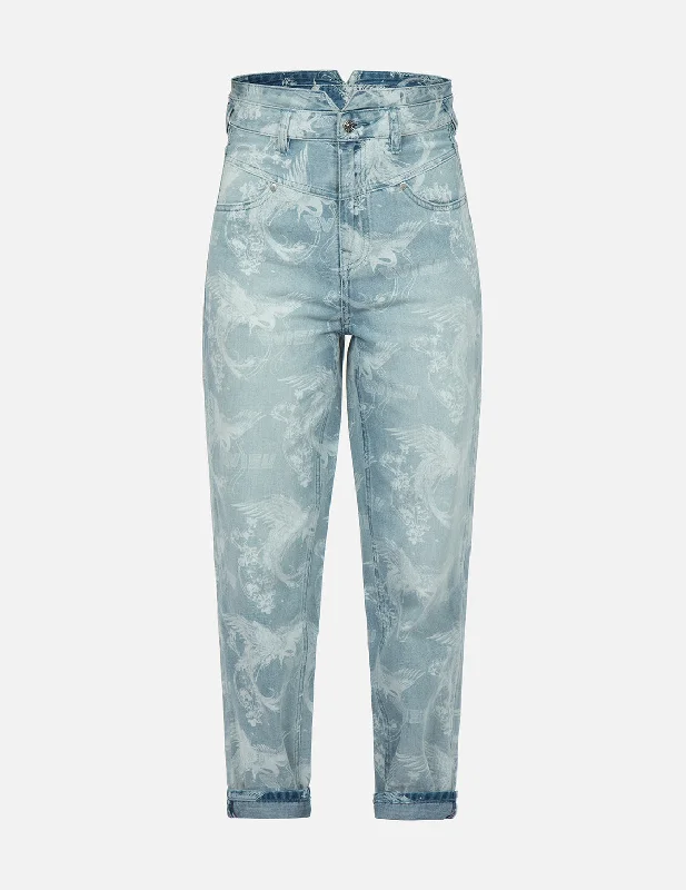 Laser-Print Allover Peacock Denim Taper Jeans French