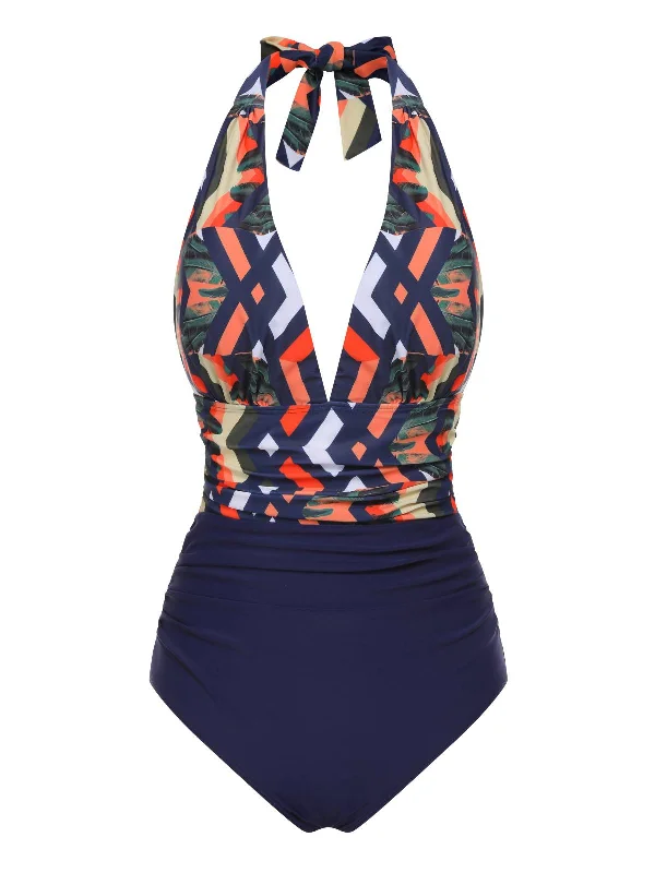 Blue 1940s Tropical Deep-V Halter Swimsuit Luxurious Women's High -  end