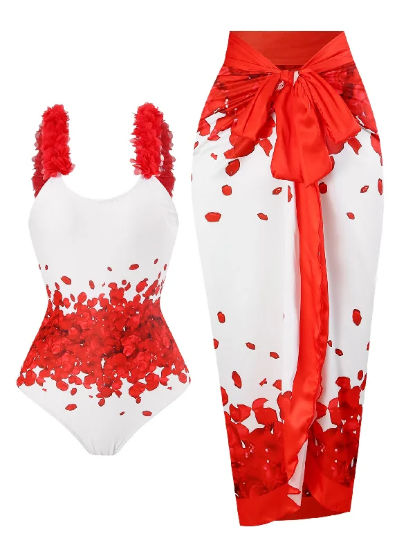 Red 1960s Floral Suspender Swimsuit Set Trendy Women's 