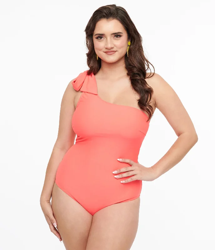 Coral One Shoulder One Piece Swimsuit Youthful Women's Pop