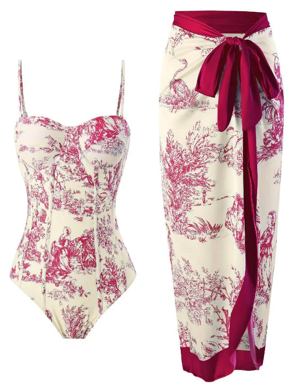 1960s Vintage Ink Floral Swimsuit & Cover-Up Athletic Women's High - 