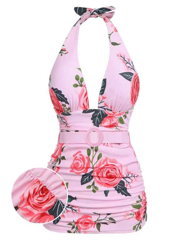 [Plus Size] Pink 1930s Roses Halter Belt Swimsuit Cozy Women's Sherpa - lined