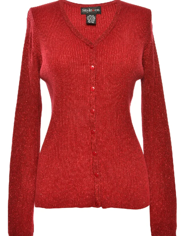 Lurex Thread Pattern Red Cardigan - S Laid - back Women's Vibe