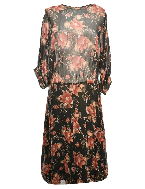 Sheer Floral Maroon & Black Dress - S Modern Women's 