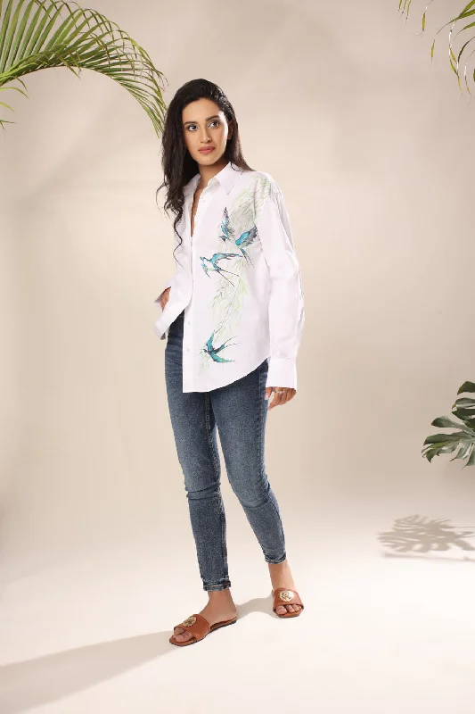 Hand Painted Birdy Shirt Dapper Women's Bow - adorned
