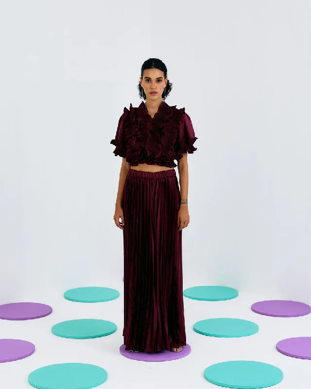 Maroon Frill Pleated Top Sophisticated Women's 