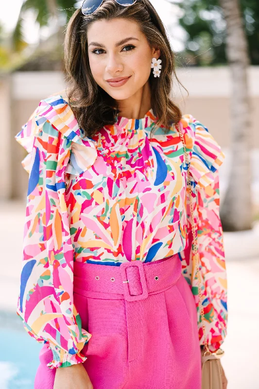 Look On The Bright Side Pink Abstract Blouse Dynamic Women's High - energy