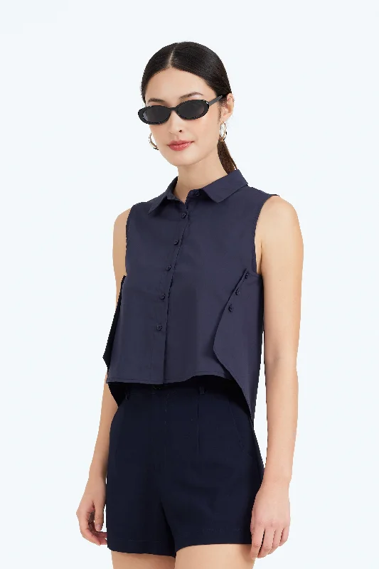 Jayce Collared Sleeveless Shirt Top in Dark Blue Refined Women's Classic 