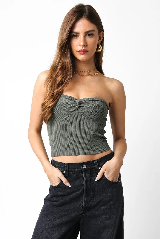 Lakeside Knit Twist Front Tube Top in Olive European
