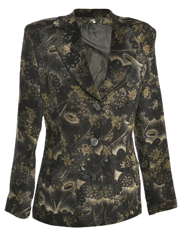 Floral Pattern Black Jacket - L Scandinavian