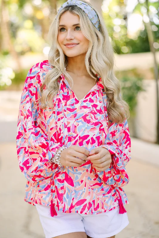 Running To You Fuchsia Pink Abstract Blouse Trendy Women's 