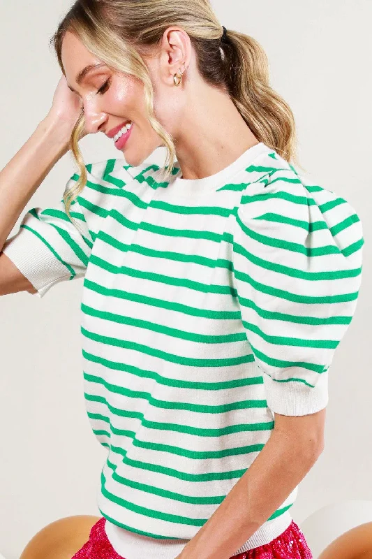 Sailor Striped Puff Sleeve Sweater in Green Casual Women's Japanese 