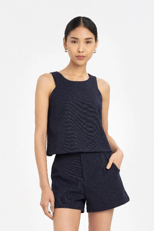 [Restocked] Orla Tweed Round Neck Top in Navy Blue Luxurious Women's High -  end