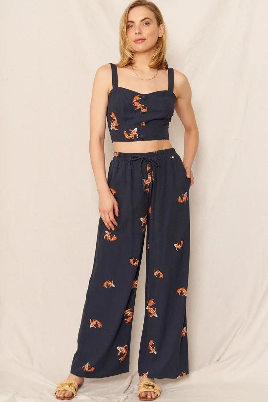 Koi Crop Top and Pant in navy Traditional Women's Wool