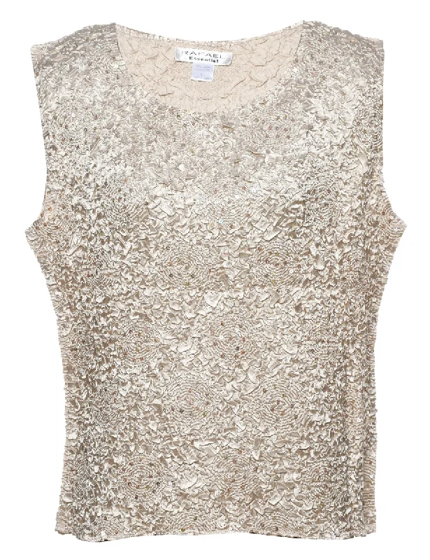 Smocked Beige Sparkly Party Top - L Laid - back Women's Style