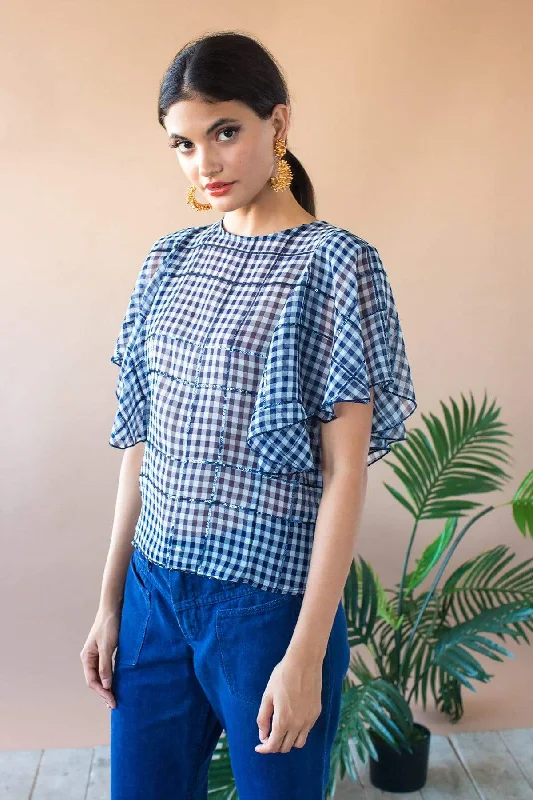 Juniper Cape Sleeve Top - Indigo Gingham Australian Beach