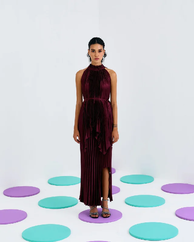 Maroon Halter Pleated Top Relaxed Women's 