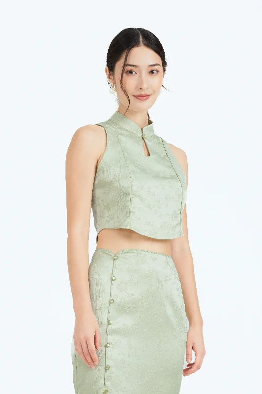 Lunar Cheongsam Top in Brilliant Green Polished Women's Silk