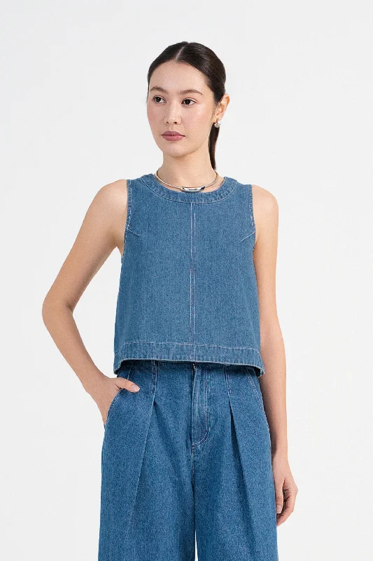 [Petite] Sam Sleeveless Denim Shift Top Geometric