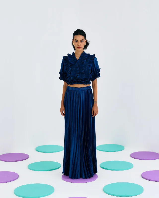 Blue Frill Pleated Top Luxurious Women's High -  end