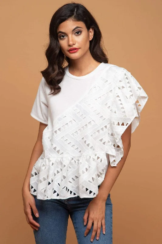 Cleo Asymmetrical Ruffled Overlay Top - White Nights Cutwork Lace Contemporary 