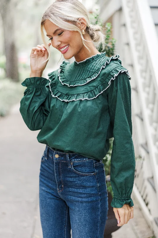 All For Fun Hunter Green Ruffled Blouse Stylish Women's Neon