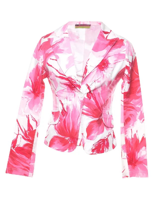 Floral Pattern Pink & White Blazer - S Refined Women's Hand - crafted