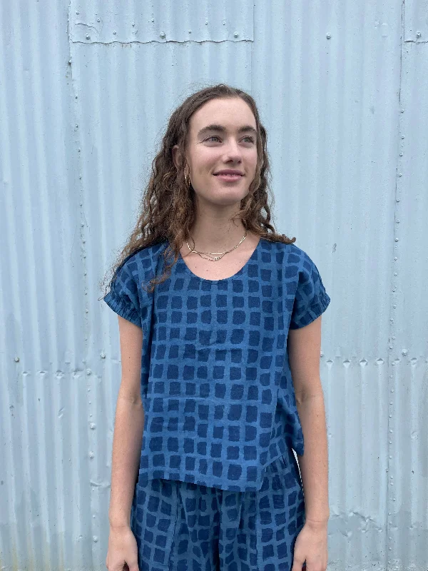 Zélia Top Indigo Big Squares (XS-XXL) Refined Women's Hand - crafted