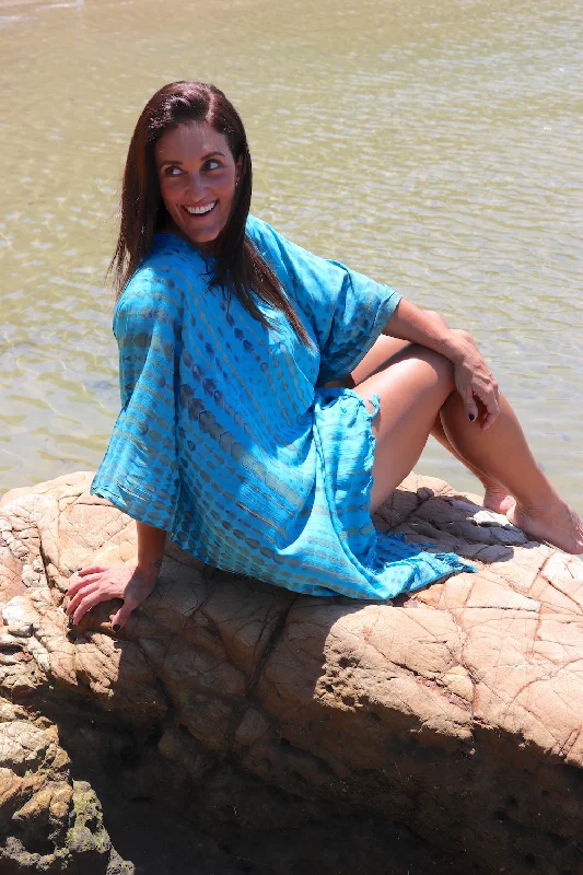 Short Kaftan With Tassels In Bright Blue Tie Dye Streetwear Style for 