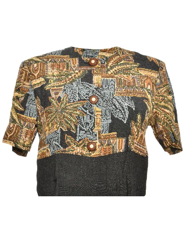 Palm Print Brown & Green Cropped Jacket - M Dapper Women's 1920S