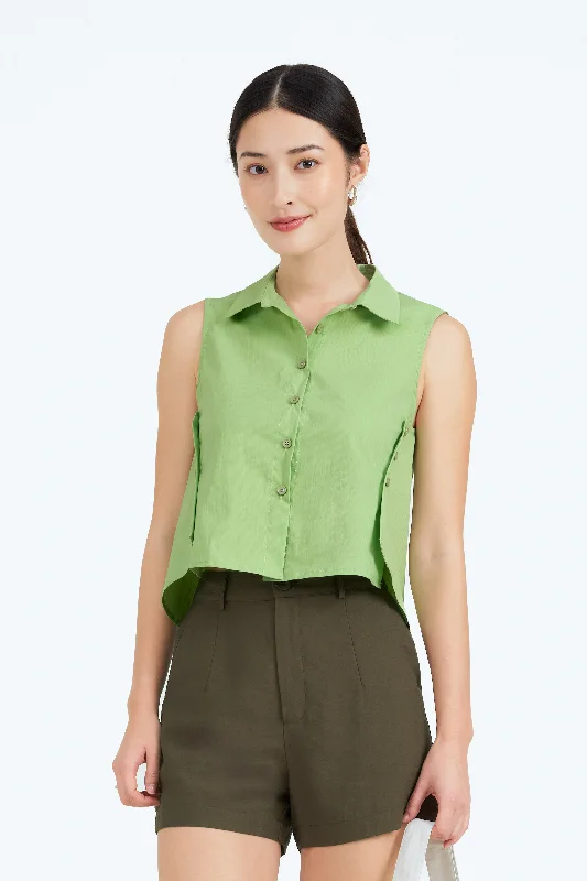 Jayce Collared Sleeveless Shirt Top in Spring Green Women