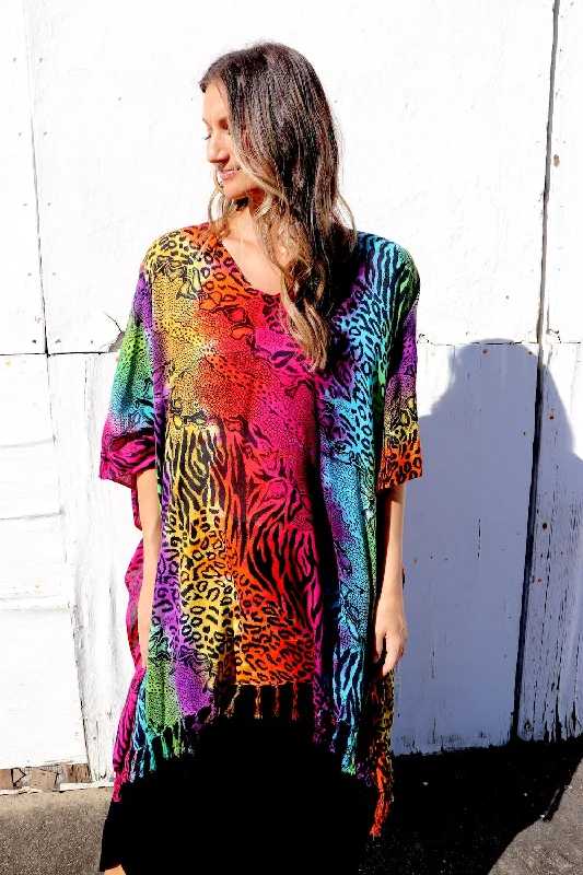 Short Kaftan With Tassels In Rainbow Animal Trendy Women's 