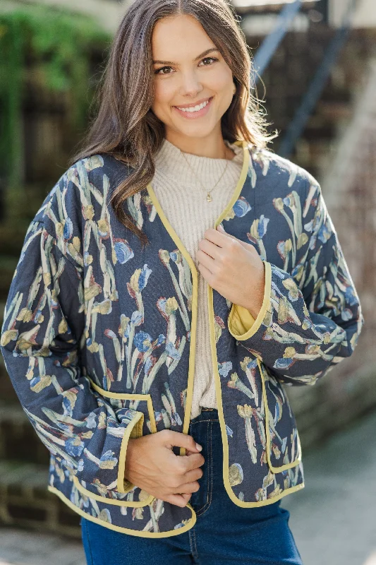 Whatever You Want Navy Blue Floral Quilted Jacket Hip Women's Urban
