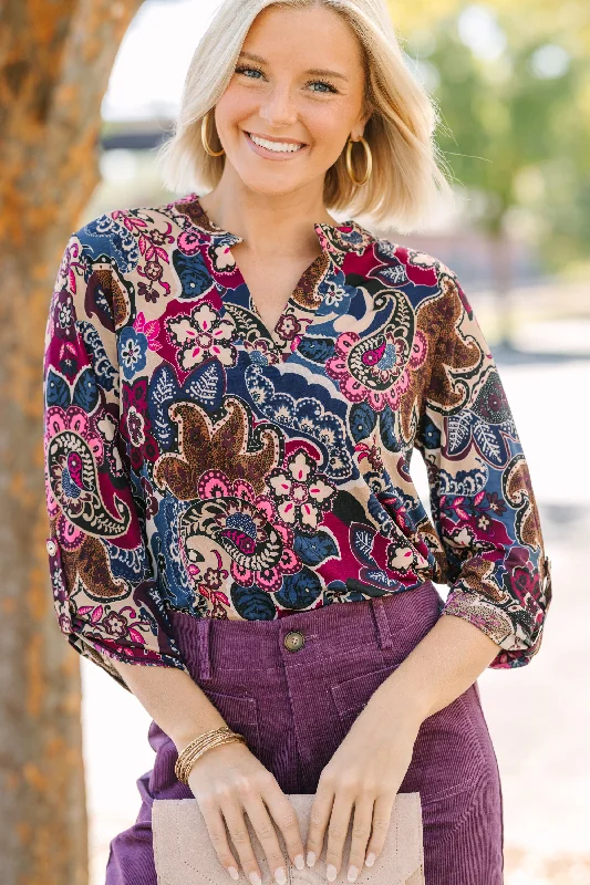 Break Through Wine Red Floral Blouse Stylish Women's Neon