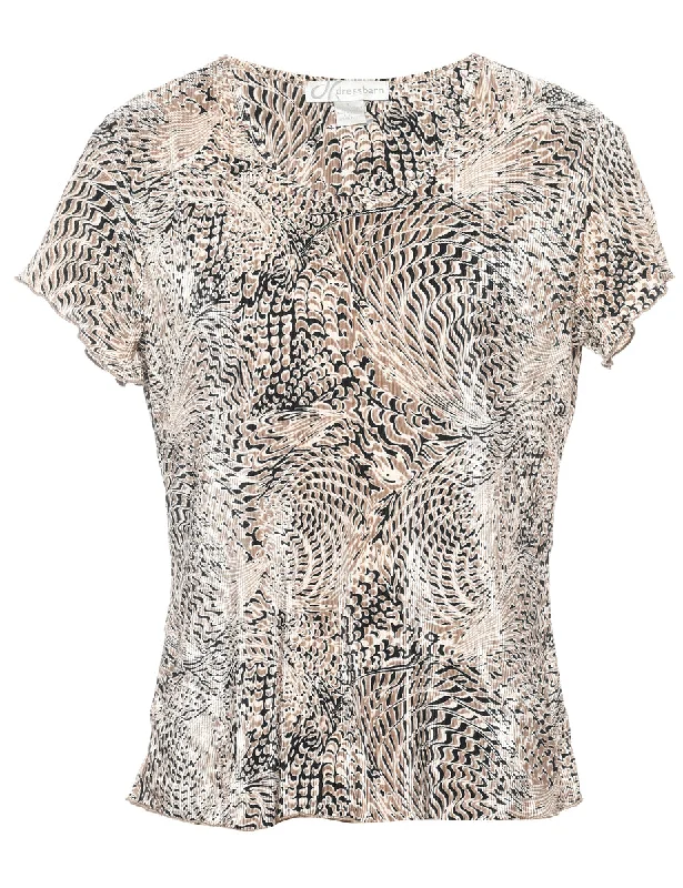 Animal Print Beige & Brown Smocked Top - M Refined Women's Hand - crafted