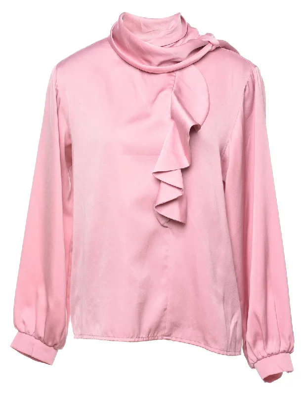 Pale Pink Ruffled Silky Blouse - L Women